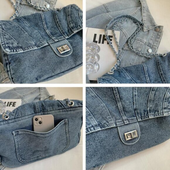 Denim Purse Trendy Jean Purses for Women Large Denim Crossbody Bag Light Blue Sh - Picture 5 of 7